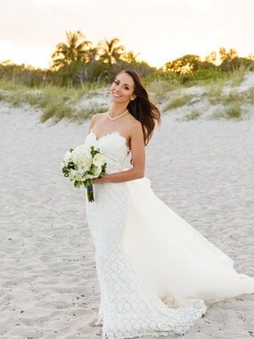 Elegant Strapless Lace Mermaid Wedding Dress w/ Dramatic Tulle Overskirt & Train